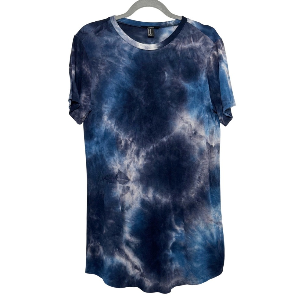 Forever 21 Womens Blue Tie Dye Short Sleeve T-Shirt Dress Mini Crew Neck Medium